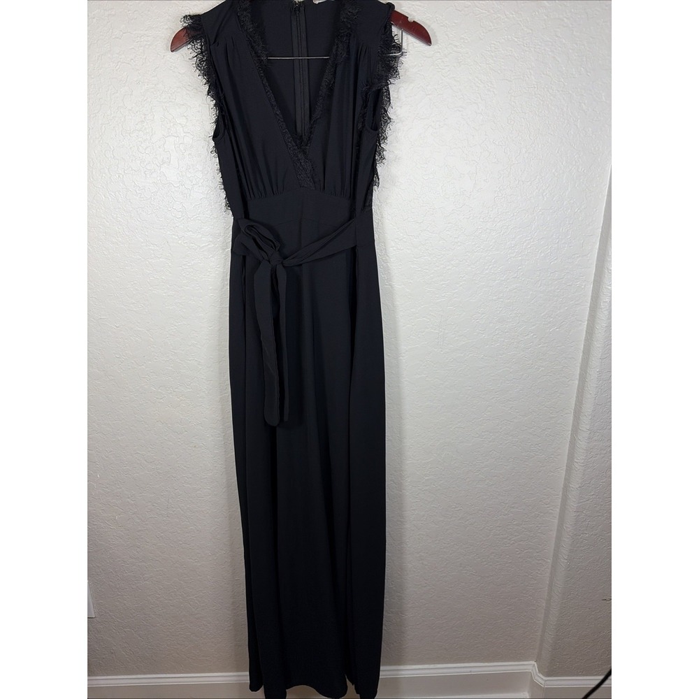 Altar'd State Black Sleeve Lace Trim Dress With Slit, Waist Tie, Size Medium